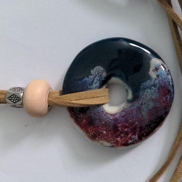 New Long Pendant Necklace, Handmade Pottery Donut,  38"+2" Two Suede Cords, Boho - Picture 3 of 9